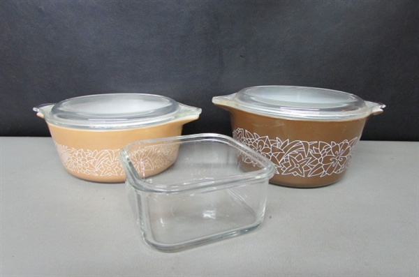 2 SMALL PYREX WOODLAND CASSEROLES WITH LIDS AND SQUARE DISH