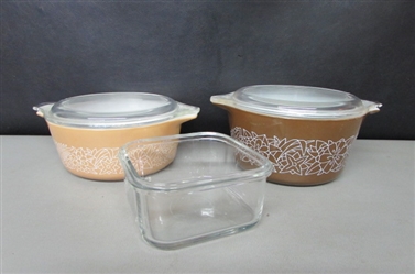 2 SMALL PYREX "WOODLAND" CASSEROLES WITH LIDS AND SQUARE DISH