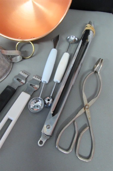 KITCHEN UTENSILS & A COPPER BOWL