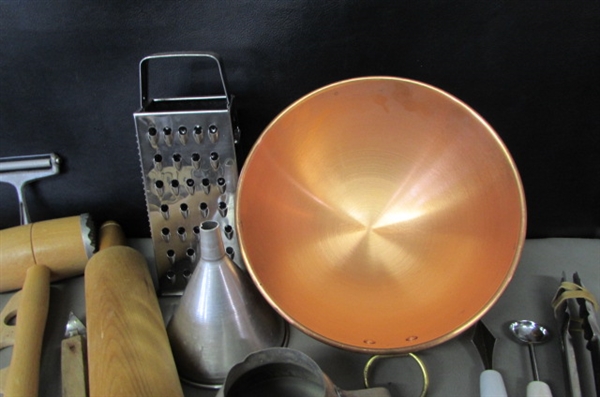 KITCHEN UTENSILS & A COPPER BOWL