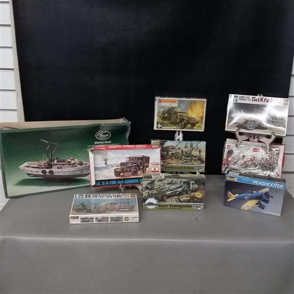 Lot of 9 Vintage Model Sets- Shrimp Boat, Pea Shooter, and Military Vehicles