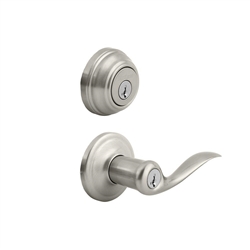 Kwikset Tustin Satin Nickel Exterior Entry Door Lever and Single Cylinder Deadbolt Combo Pack Featuring SmartKey Security