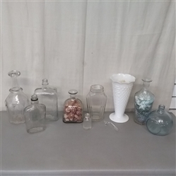 VASE AND VARIOUS GLASS BOTTLES