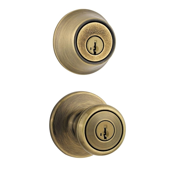 Kwikset Tylo Antique Brass Entry Door Knob and Single Cylinder Deadbolt Combo Pack