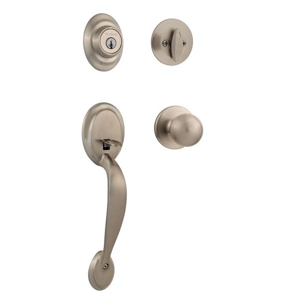 Kwikset Dakota Satin Nickel Single Cylinder Door Handleset with Polo Door Knob Featuring SmartKey Security