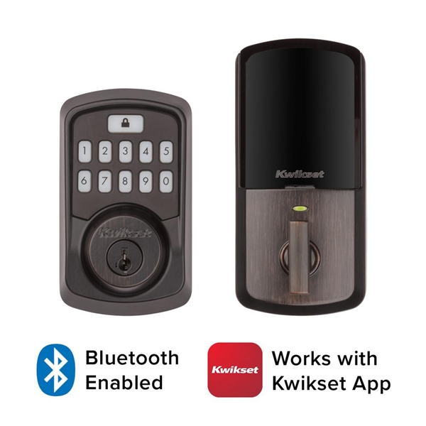 Kwikset Aura Venetian Bronze Single Cylinder Electronic Bluetooth Keypad Smart Lock Deadbolt featuring SmartKey Security