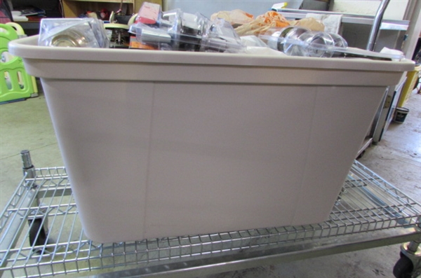 Tan HDX 30 Gal. Storage Bin with Bulk Door Hardware and Deadbolts for Parts or Repair