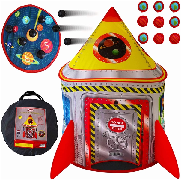 Playz 5-in-1 Rocket Ship Play Tent for Kids with Dart Board, Tic Tac Toe, Maze Game