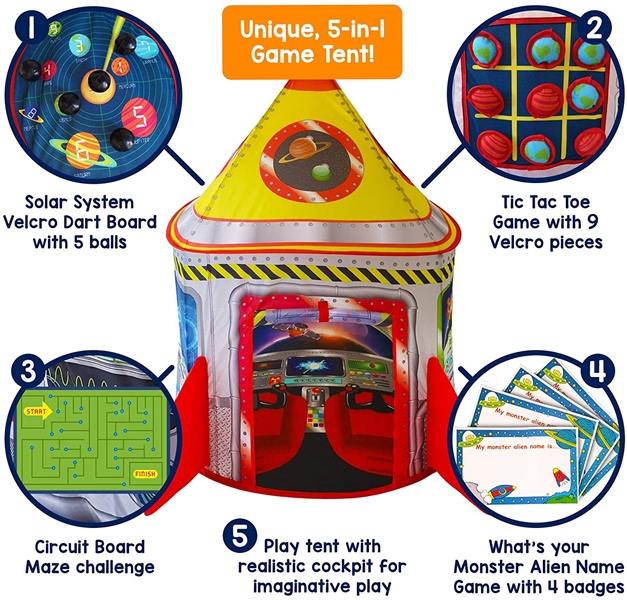 Playz 5-in-1 Rocket Ship Play Tent for Kids with Dart Board, Tic Tac Toe, Maze Game