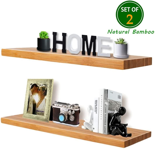 Wall Shelf Set of 2 Natural Bamboo Floating Shelves