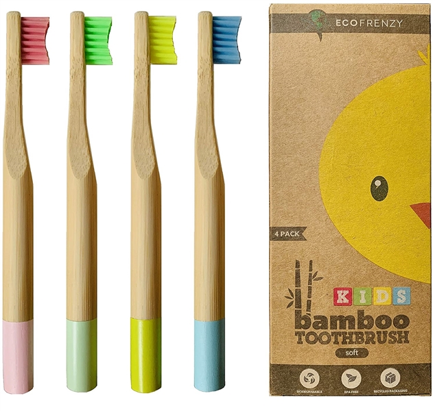 EcoFrenzy - Kids Bamboo Toothbrush - Child size Soft BPA Free Color Safe Bristles (4 pack)