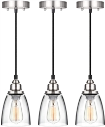 Industrial Mini Pendant Lighting, Clear Glass Shade Hanging Light Fixture, Brushed Nickel, Adjustable, 3-Pack