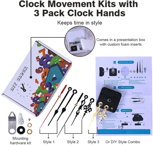 Clock Movement Mechanism with 3 Pack Clock Hands