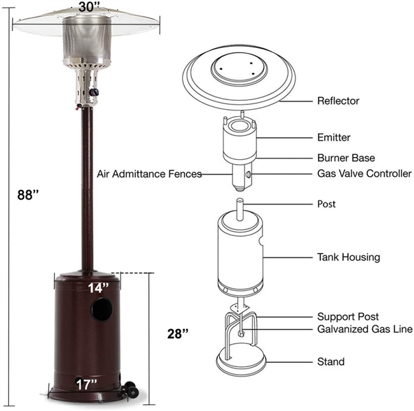 Gas Standing Patio Heater LP Propane Heater Garden Tall Outside Outdoor Heater with Wheels Cover, Hammered Bronze