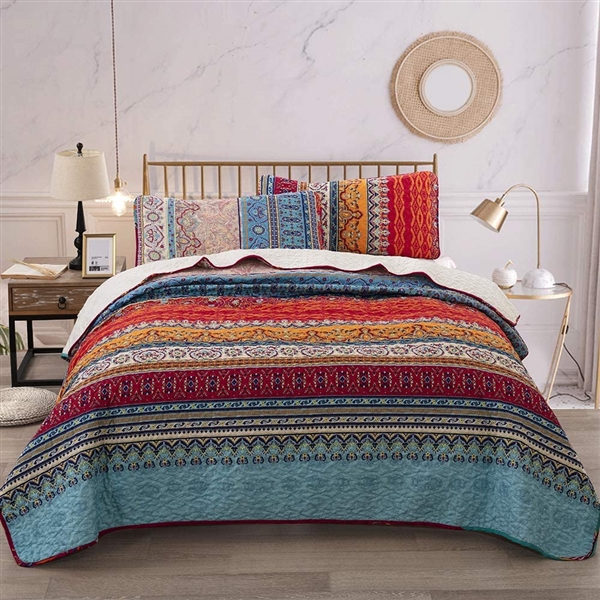 Bohemian Quilt Set Queen, Boho Striped Pattern Printed Quilt Coverlet for All Season, Soft Microfiber Boho Bedspread Set(3 Pieces, Queen)