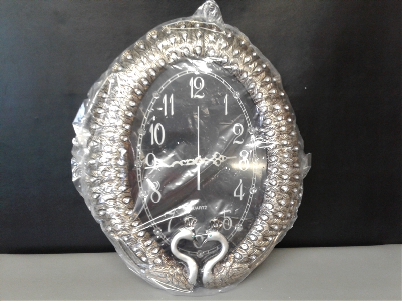 Antiqued Silver Oval Peacock Wall Clock With Rhinestones