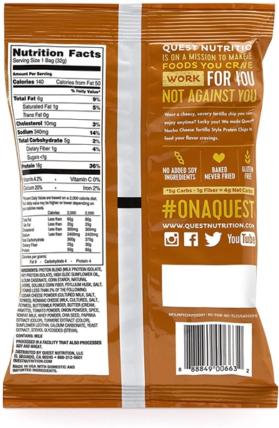 Quest Nutrition Tortilla Style Protein Chips, Nacho Cheese, Low Carb, Gluten Free, Baked, 1.1 Ounce (Pack of 8)