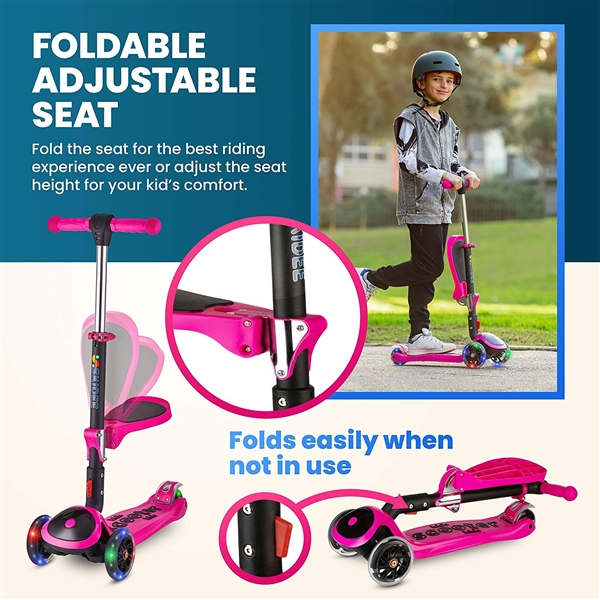 SKIDEE Scooter for Kids with Foldable and Removable Seat – Adjustable Height - PINK