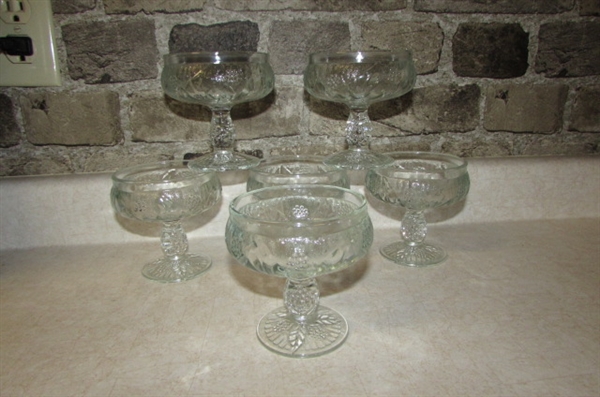 NICE ASSORTMENT OF PRESSED GLASS DESSERT CUPS & ICE CREAM SCOOPS