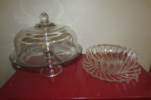 PRESSED GLASS SERVING BOWL, PLATE & COVERED PEDESTAL CAKE SERVER 