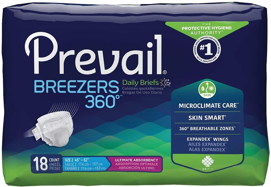 Prevail Breezers 360 Adult Brief Tab Closure Size 2 Disposable Heavy Absorbency Pack of 18