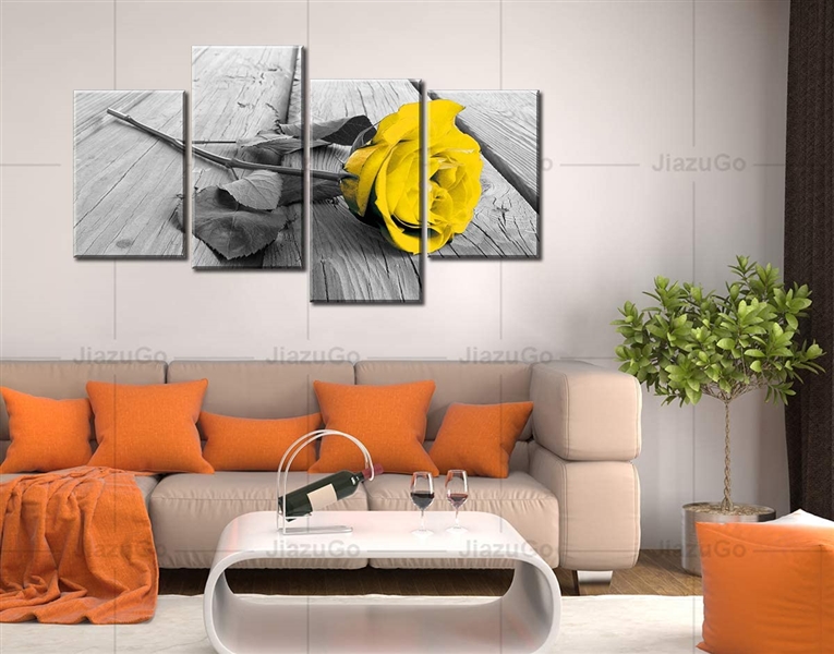  Yellow Grey Rose Flower Black White Floral Canvas 4 Pc