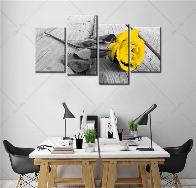  Yellow Grey Rose Flower Black White Floral Canvas 4 Pc