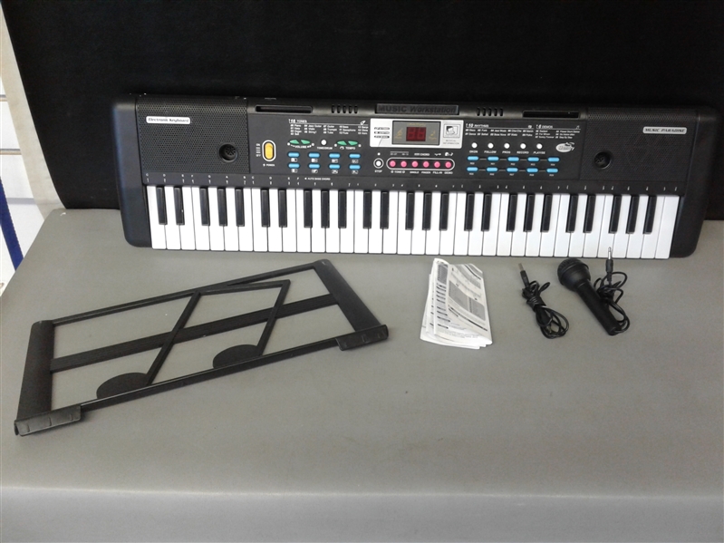 61-Key Electronic Keyboard with Power Supply, Microphone, and Music Stand