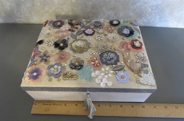2 JEWELRY BOXES WITH JEWELRY & VINTAGE HAND MIRROR