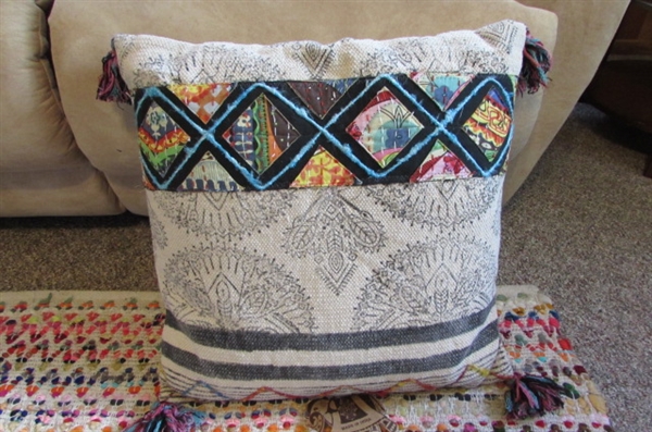 COLORFUL INDIAN RUG AND ACCENT PILLOWS