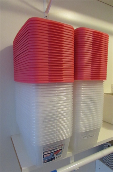 LARGE COLLECTION OF PLASTIC SHOE BOX SIZE STORAGE CONTAINERS WITH PINK LIDS