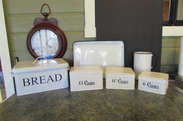 ENAMELWARE CONTAINERS & METAL WALL CLOCK