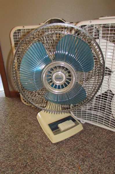 2 BOX FANS AND TABLE TOP FAN