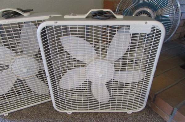 2 BOX FANS AND TABLE TOP FAN