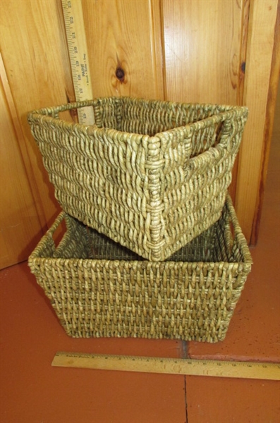 LARGE WOVEN BASKETS, HINGED CASE AND CARVED WOODEN BOX