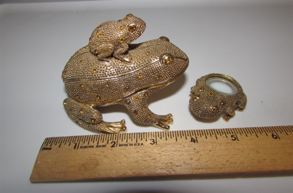 BEJEWELED FROG TRINKET BOX WITH MAGNIFIER AND LETTER OPENER