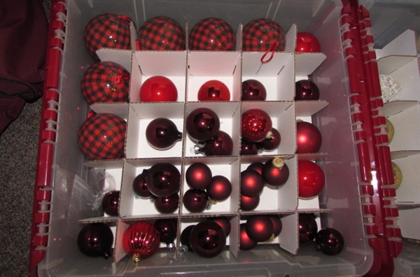 3 TUBS OF RED, WHITE & BLUE CHRISTMAS ORNAMENTS AND TREE SKIRT