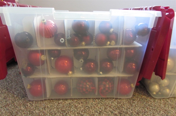 3 TUBS OF RED, WHITE & BLUE CHRISTMAS ORNAMENTS AND TREE SKIRT