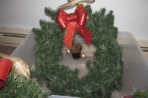 WREATHS & 2 TUBS OF GREEN & BROWN CHRISTMAS ORNAMENTS