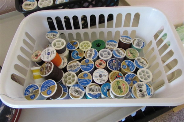 LARGE ASSORTMENT OF SEWING THREAD AND HOLDERS