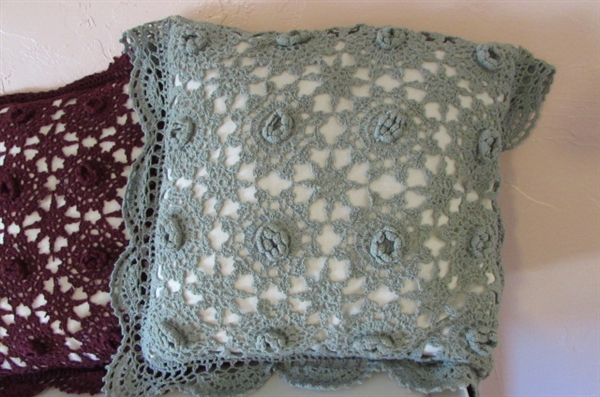 3 THROW PILLOWS WITH CROCHETED COVERS