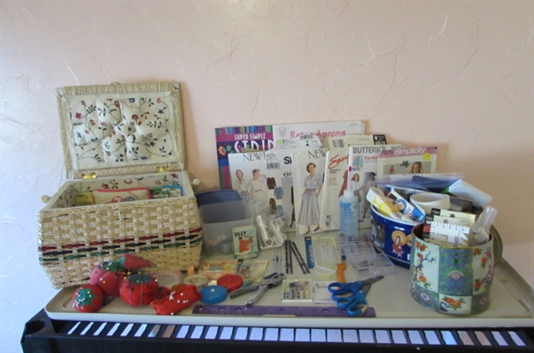 SEWING BASKET, NOTIONS AND SEWING SUPPLIES