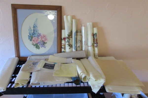 SEVERAL FINISHED AND UNFINISHED COUNTED CROSS STITCH PROJECTS & AIDA CLOTH TO START A NEW PROJECT