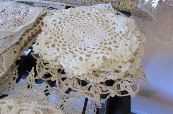 LARGE ASSORTMENT OF CROCHETED DOILIES, TABLE RUNNERS & MORE