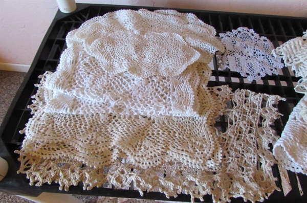 LARGE ASSORTMENT OF CROCHETED DOILIES, TABLE RUNNERS & MORE