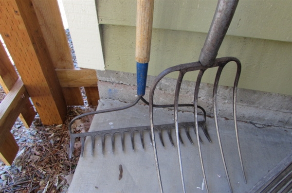 RAKES, SHOVELS, A PITCH FORK, WEED EATER & MORE