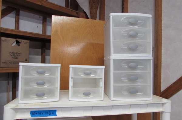 PLASTIC SHELF UNIT WITH STORAGE DRAWERS & CONTAINERS