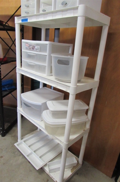 PLASTIC SHELF UNIT WITH STORAGE DRAWERS & CONTAINERS