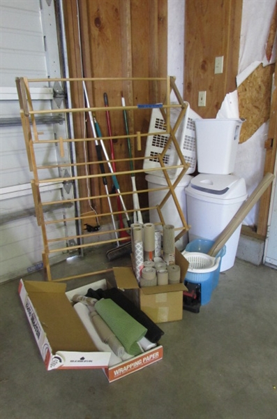 ASSORTED HOUSEHOLD ITEMS - SHELF LINER, MOP BUCKET & MOPS, TRASH CANS, LAUNDRY BASKET & MORE