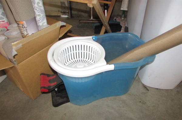 ASSORTED HOUSEHOLD ITEMS - SHELF LINER, MOP BUCKET & MOPS, TRASH CANS, LAUNDRY BASKET & MORE